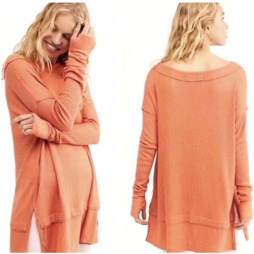 Free People We The Free north shore Waffle Knit‎ Thermal Tunic Top Orange Medium
